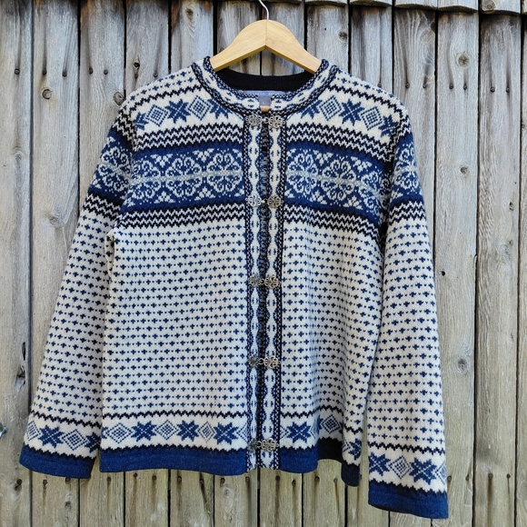 Vintage 90s Carroll Reed blue white winter snowflake knit wool sweater Womens L - Picture 1 of 10